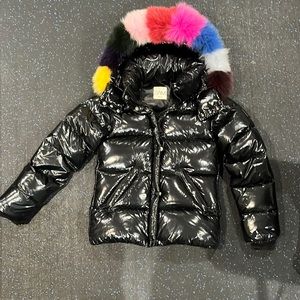 SAM big kids size 14 black shiny coat with detachable fur hood